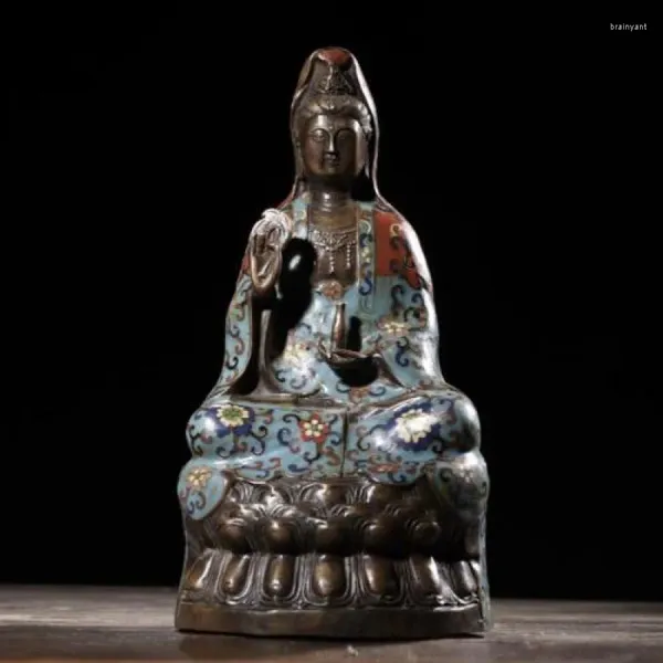 Dekoratif figürinler 38cm xuande imzalı eski Çin bronz gömülü heykel Guanyin Budha Q411
