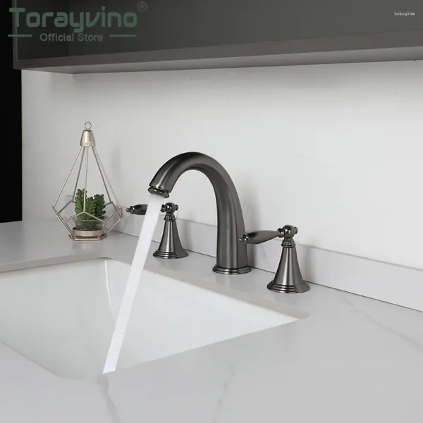 Rubinetti per lavandino del bagno Torayvino Gun Grey Faucet 3 pezzi Beccuccio a cascata per lavabo montato su piano e kit combinato rubinetto acqua fredda