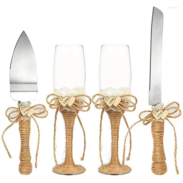 Bicchieri da vino 4 pezzi Cuore Matrimonio Tostatura Calice in vetro da champagne Banchetto Torta rossa Coltello Pala Regalo per San Valentino