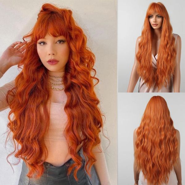 Perucas longas ondas de água perucas sintéticas perucas de gengibre laranja claro com franja para mulheres brancas pretas Halloween Cosplay resistente ao calor