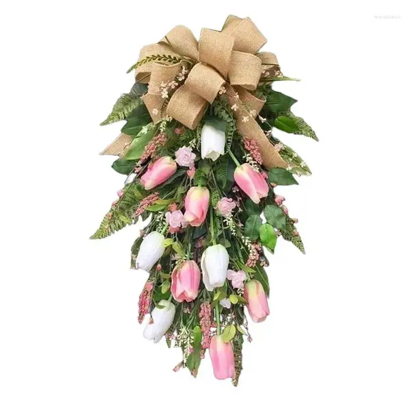 Flores decorativas dia rosa tulipa flor grinalda 22 polegadas artesanal serapilheira arco floral para a porta da frente da mãe decorações de casa