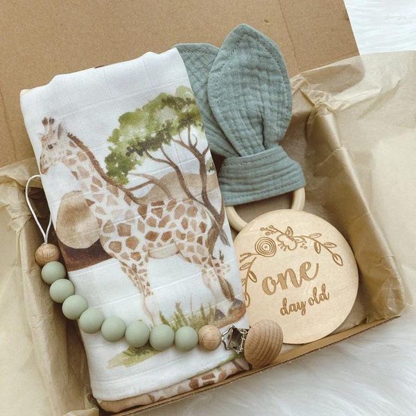 Decken geborene Babyparty Geschenkset Box Souvenir Musselin Swaddle Decke Meilenstein Silikon Teether Holzspielzeug