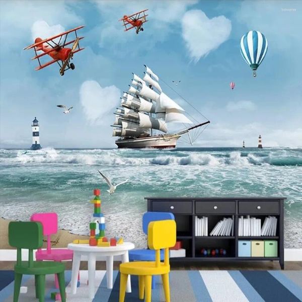 Sfondi Milofi Personalizzato 3D Nordic Cartoon Air Balloon Vela Aereo Grande TV Sfondo Carta da parati murale