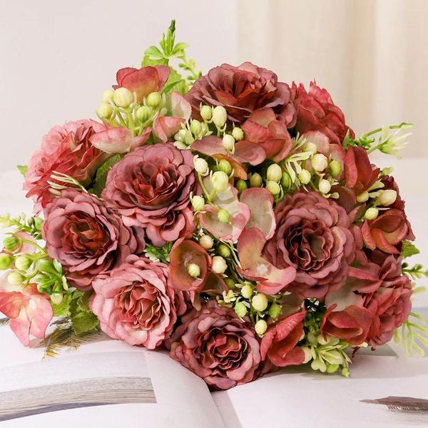 Flores decorativas 2 Pcs Simulado Flor Clássica Peônia Rosa Bordada Bola Bouquet Casamento Decoração de Casa Artificial