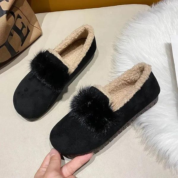 Casual Schuhe 2024 Pelz Frauen Wohnungen Karree Flach Einzigen Frau Faulenzer Herbst Winter Mode Flache Bequeme Plus Größe 35-40