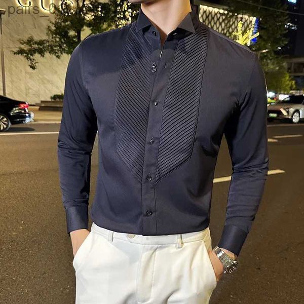 Erkekler sıradan gömlekler erkekler gömlek uzun kollu Fransız kanat yaka 2023 Sonbahar düz renk gündelik beyaz siyah gömlek moda sosyal ziyafet smokin 240402