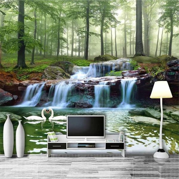 Wallpapers wellyu papel de parede para quarto personalizado papel de parede floresta riacho cachoeira madeira paisagem pintura sala de estar tv