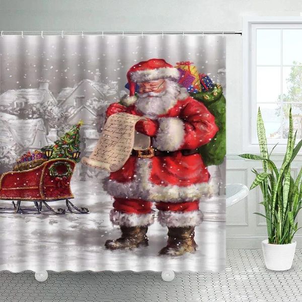 Duş Perdeleri Retro Yağlı Boya Noel Baba Noel Baba Ağacı Çelenk Kış Peyzaj Yıl Noel Banyo Perde Set Dekor