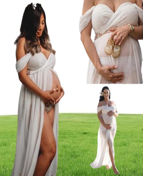 Dantel Doğum elbisesi için Seksi Seksi Omuz Önde Bölünmüş Hamilelik Elbisesi Hamile Kadınlar Maxi Annelik Elbise Poshoot Q5164062