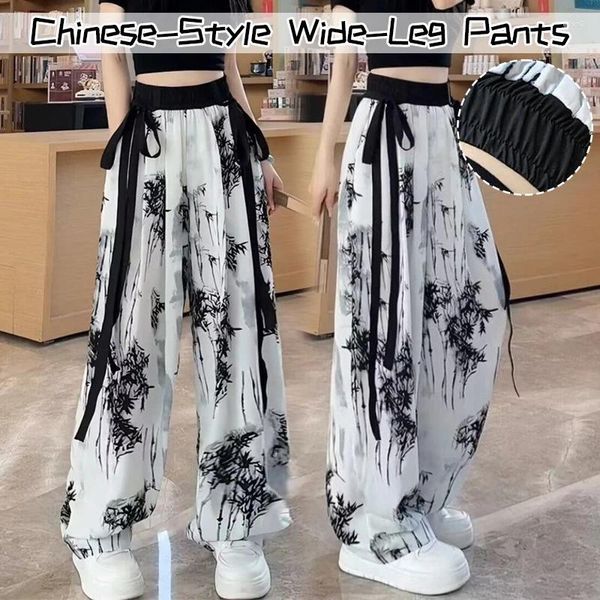 Calças femininas estilo tinta chinesa pintura de perna larga mulheres elegante étnica chiffon drape sentimento calças cintura alta fina solta