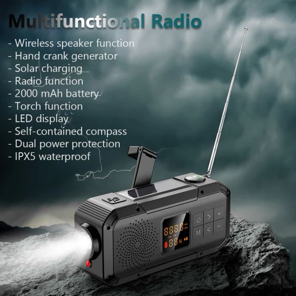 Radio tragbarer wasserdichte Handkurbel Notfall Radio BT5.0 Lautsprecher FM/AM/NOAA Radio 2000mah Solar Power Bank LED Taschenlampe SOS Alarm