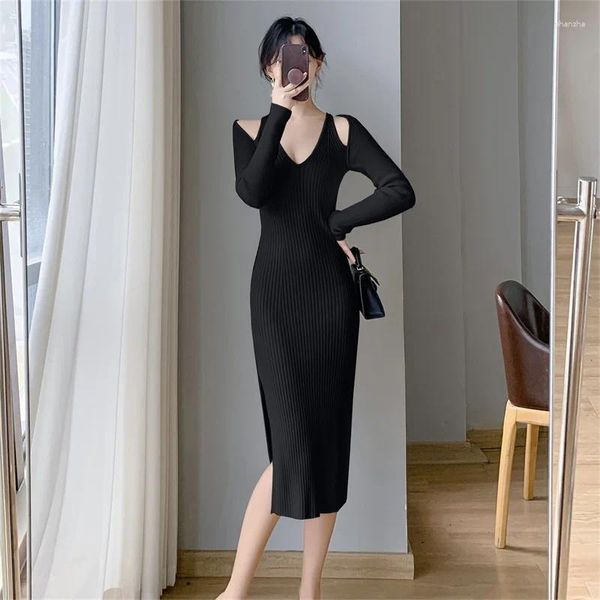 Casual Dresses Sexy V-Ausschnitt Split Gestricktes langes Kleid Slim Bottom Wrap Hip Basic Bodycon Pullover Damenbekleidung Hollow Out T613