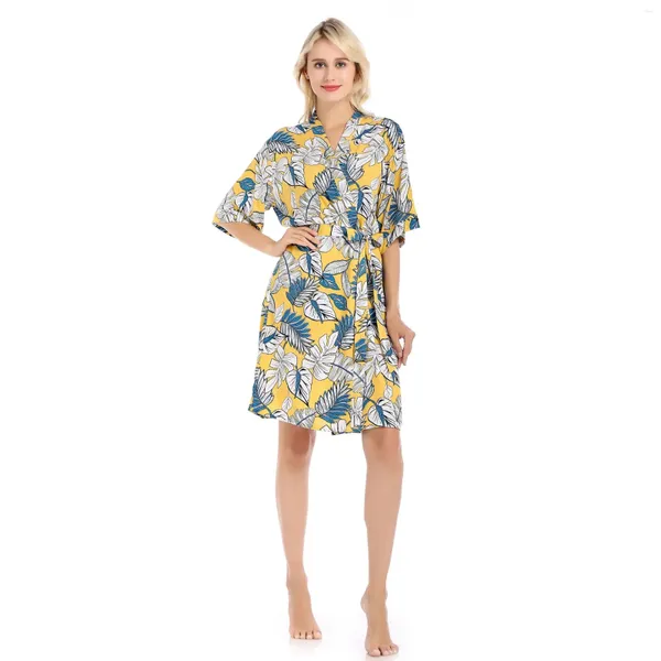 Casa roupas femininas com decote em v robe sexy cetim quimono roupão impressão amarelo noiva vestido de noite solto lingerie íntima