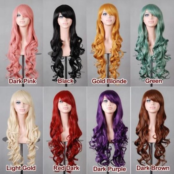 Perücken Similler Synthetische Perücken für Frauen Anime Cosplay Curly Wärmefestigkeit Haar rot schwarzbraun rosa Goldgrün 13kolor erhältlich