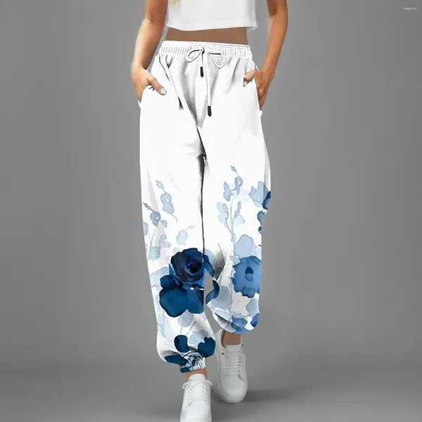 Женские брюки для женщин 2024 Модные летние брюки с цветочными припечатками леггинсы.