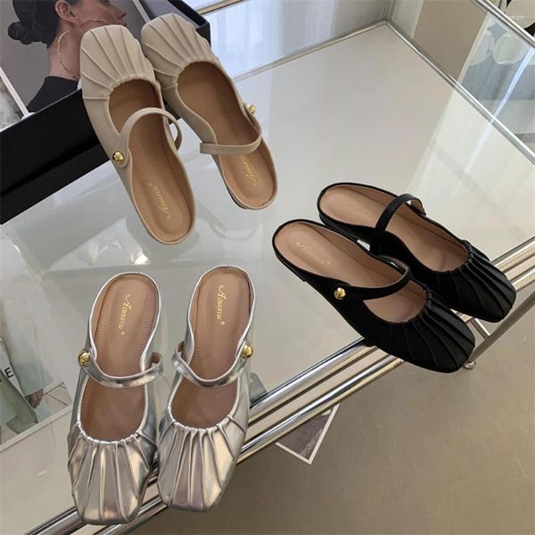 Slipper Square Toe Frauen Silber Beige schwarz 2024 Ankunft flach niedrige Heels Gürtelschnalle Sommer Außenschuhe Frau 35-40