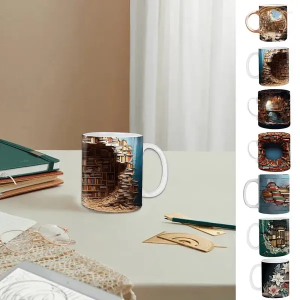 Tassen 350 ml Bücherregal Becher Keramik Kaffee Kreative 3D-Farbmuster Getränk Tragbare hitzebeständige Teetasse für Bücherliebhaber