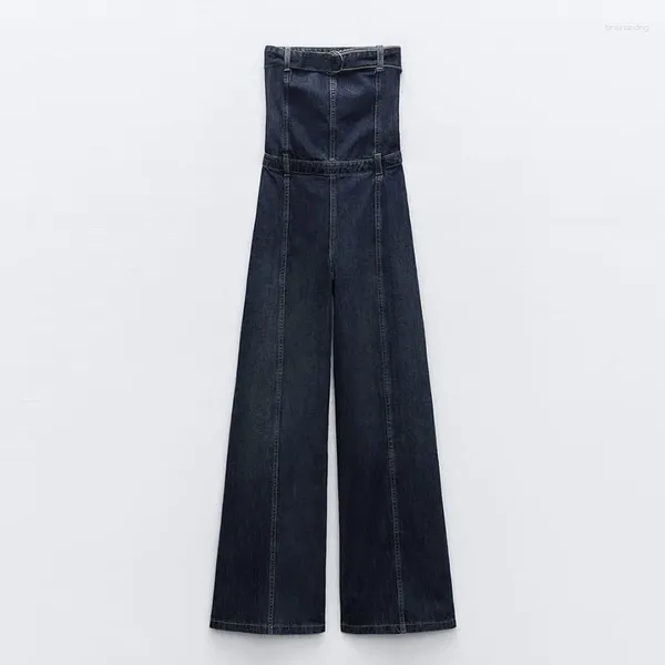 Kadınlar Kot 2024 Bahar Sonbahar Omuz Kapalı Omuz Denim Tulum Straplez Fit Yüksek Bel Geniş Bacak Pantolon Sokak Giyim Jean Bodysuit