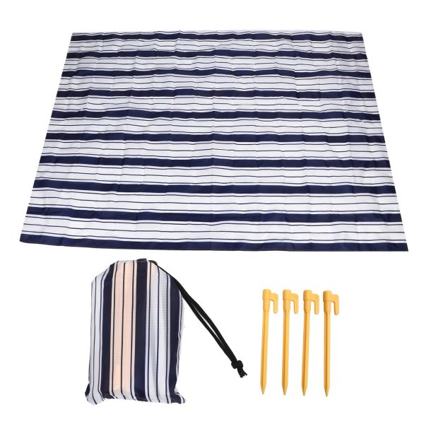 Tappetino da spiaggia Coperta da picnic Tappetino in poliestere impermeabile portatile morbido 2 x 1,45 m striscia blu con chiodi per pavimento per campeggio