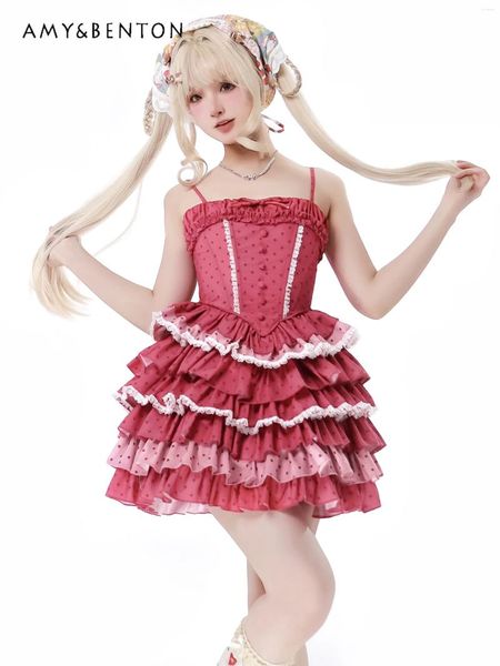 Vestidos casuais lolita doce espaguete-cinta vestido primavera verão kawaii retalhos multi-camada em camadas elegante princesa vestido de baile