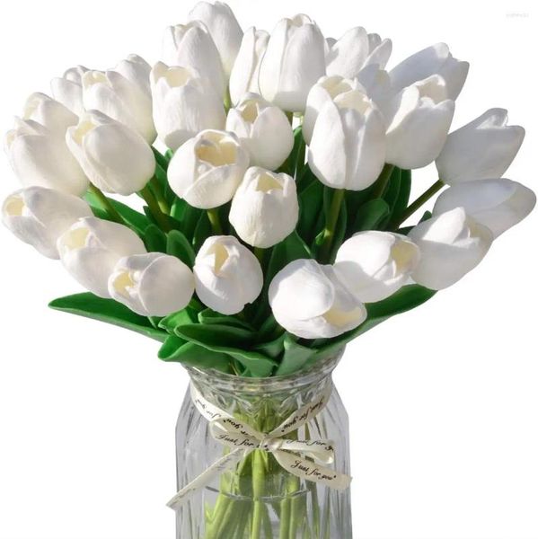 Fiori decorativi 30 pezzi Bouquet di tulipani artificiali Real Touch per la casa, la festa di nozze, l'arredamento dell'ufficio, madre, moglie, fidanzata (Bianco)