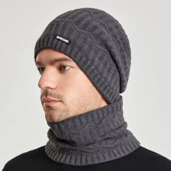 2-teiliges warmes Set für Herren, Wintermütze, Schal, Mütze, gestrickt, dick, mit Fleece gefüttert, Totenkopfmütze, Halswärmer, Geschenke, Vater 240311