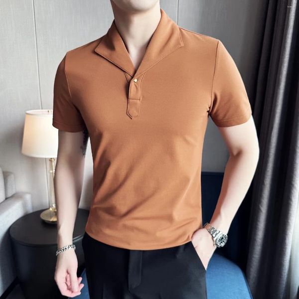 Polos masculinos 2024 clássico negócio casual camisa polo lapela magro ajuste t-shirt com colarinho de uma peça cor sólida manga curta em branco