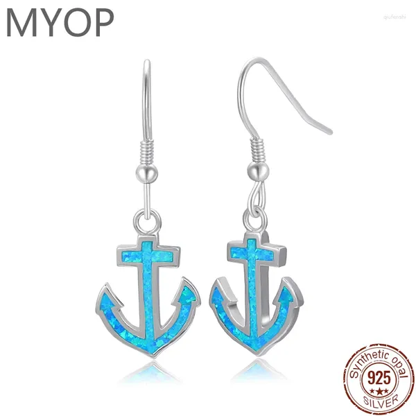 Brincos pendurados MYOP 925 prata esterlina tendência engraçado barco âncora azul opala moda feminina joias presentes criativos
