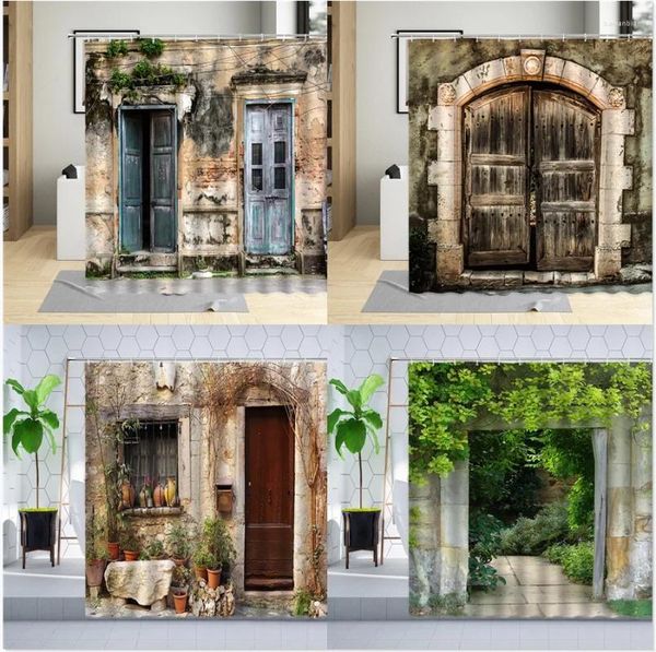 Tende da doccia Vintage Vecchia Tenda per porta in legno Muro di pietra Pianta Foglia verde Decorazione per la casa Set da appendere per bagno Gancio in poliestere