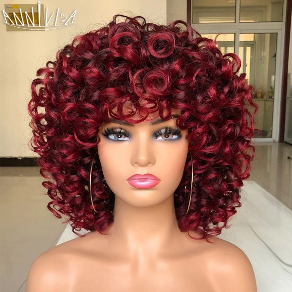 Perucas de vinho curto de vinho encaracolado Red peruca com franja afro kinky curly peruca gorjeta de cabelos sintéticos para mulheres negras