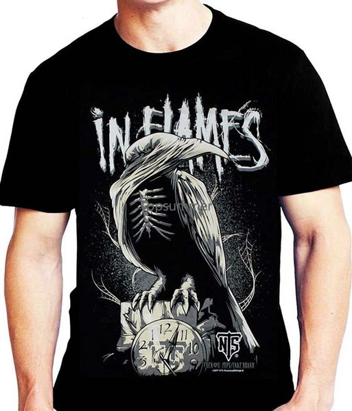 In Flames Crow Clock Tee Manga Curta Mens Engraçado Tops Cool T Shirt Mens Camisas Formais 240315