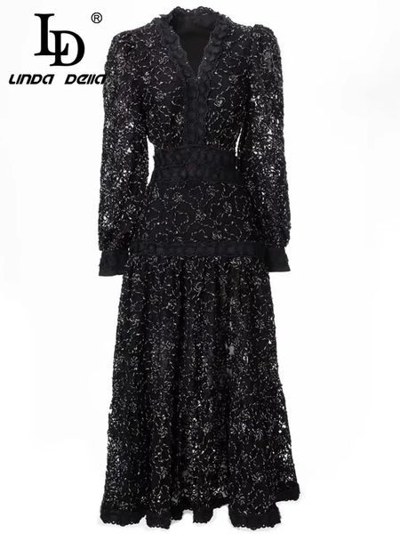 LD LINDA DELLA модное черное платье для подиума с v-образным вырезом и рукавами-фонариками, винтажное вечернее платье миди с вышивкой, 240319