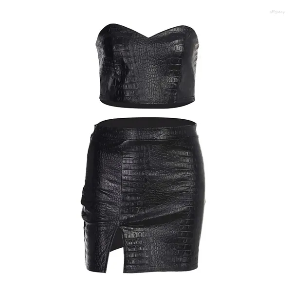 Vestidos de trabalho no verão preto pu leahter strapless cropped top e saia conjunto de duas peças y2k streetwear sexy vestido define 2024 terno feminino