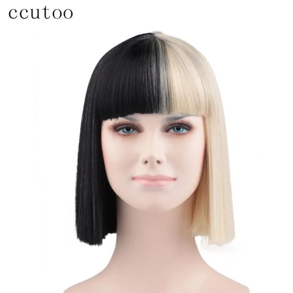 Wigs Ccutoo Sia Bangs Trim на глаза наполовину черные и блондинные средние синтетические волосы косплей парик Halloween Party Wigs термостойкость к волокну