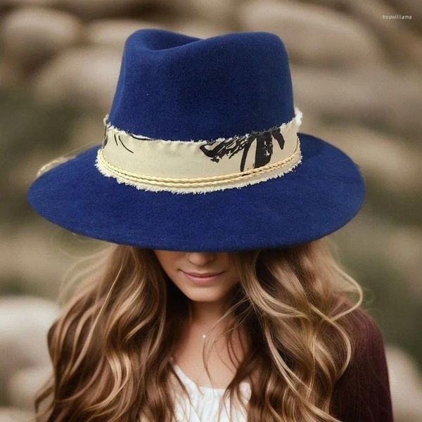 Berets feminino fedora chapéu azul marinho lã inverno chapéus menina aba larga panamá fita banda festas férias compras presente