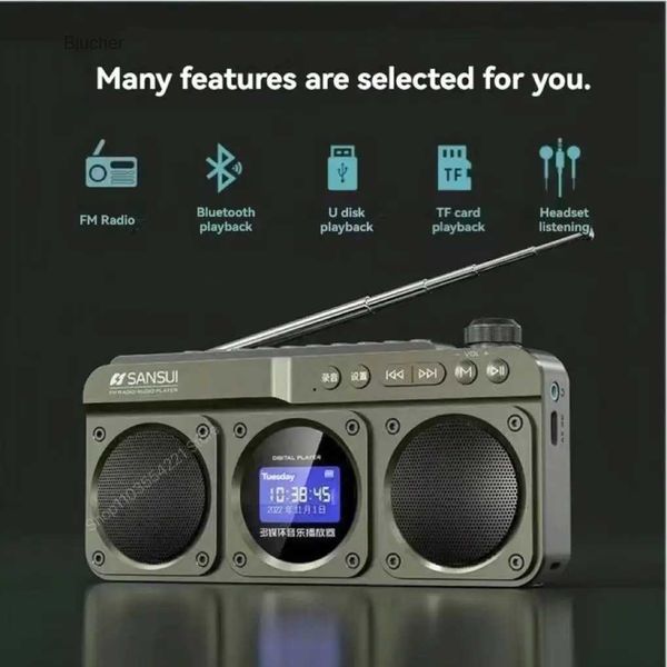 Alto-falantes portáteis SANSUI F28 Rádio FM portátil MP3 Walkman Placa externa sem fio Bluetooth Alto-falante de alta fidelidade Qualidade de áudio LED Relógio Letras DisplayL2404