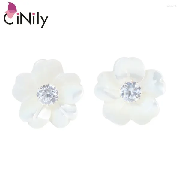 Brincos Cinily Soild 925 Prata Esterlina Natural Branco Shell Cubic Zirconia Atacado Para Mulheres Jóias 10mm SE023