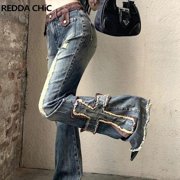 Jeans da donna REDDACHiC Destroyed Bicolor Flare per donna Cross Patchwork Vita alta Jeans strappati Pantaloni a campana Y2k Pantaloni Bootcut Pantaloni