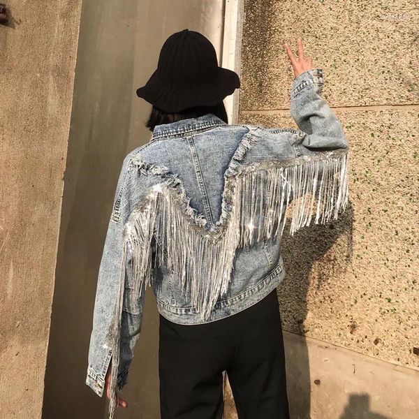 Damenjacken Jeansjacke Weibliche Hellblaue Pailletten Quaste Mantel Einreiher Frauen Jeans 2024 Frühling Herbst Mode Kleidung