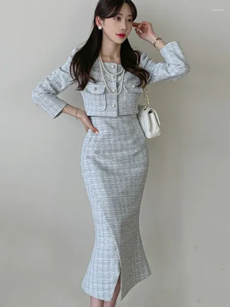 Abiti da lavoro di alta qualità coreano elegante moda tweed set a due pezzi per le donne giacca cappotto gonna lunga 2 abiti Conjuntos Femininos