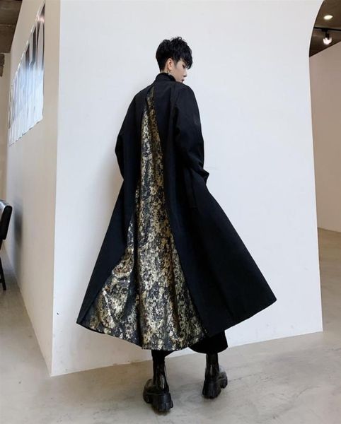 Men039s trench coats homens vintage padrão splice solto casual longo jaqueta trench coat masculino japão streetwear hip hop gótico kimon6599475
