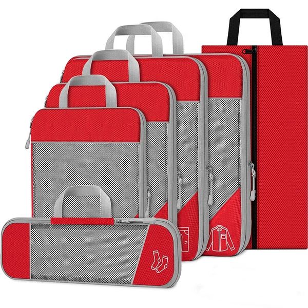 2024 Novo 6pcs compactados cubos de embalagem Organizador de armazenamento de viagens Conjunto com bolsa de malha de bolsa de sapato Bagagem portátil portátil