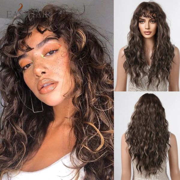 Peruklar Easihair kahverengi siyah kinky kıvırcık dalga sentetik perukları patlamalar derin dalga uzun saç perukları kadınlar için günlük cosplay ısı dirençli