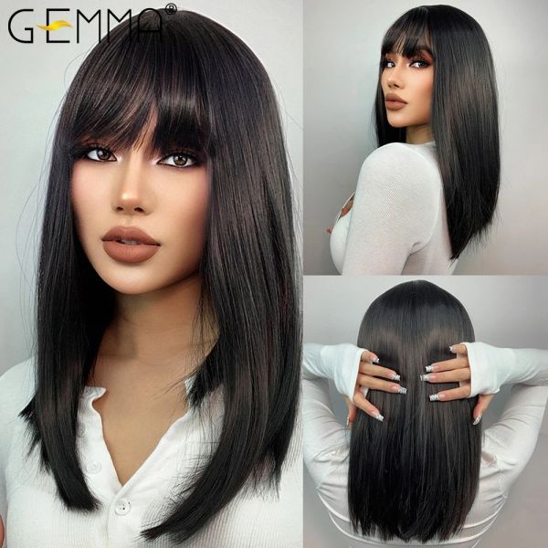 Perucas gemma negra natural preto médio reto bob sintético peruca de cabelo festa lolita mulheres garotas perucas com franja resistente ao calor fibra