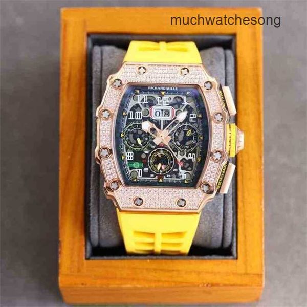 Orologi svizzeri di lusso Richadmills orologio meccanico cronografo orologio da polso011 Full Sky Star diamante intarsiato meccanico uomo multifunzionale botte di vino in silicone S