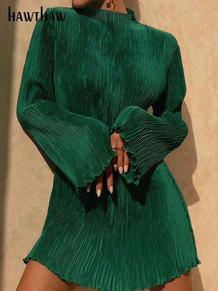 Hawthaw donna elegante manica lunga streetwear aderente verde autunno mini abito autunno vestiti articoli all'ingrosso per le imprese 240323