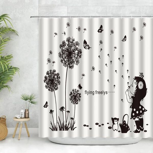 Cortinas de chuveiro preto flor dandelion cortina conjunto pétalas borboleta planta cenário dos desenhos animados menina decoração casa banheiro tecido poliéster