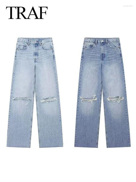 Calças de brim femininas 2024 fashoin calças casuais sólido baggy rasgado denim mulher calças compridas selvagem vintage feminino perna larga calça