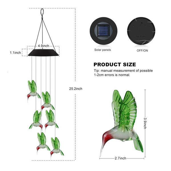 LED Solar Wind Chime Crystal Ball Hummingbird Wind Chime Light Alteração da luz Solar à prova d'água para o jardim