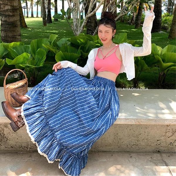 Юбки Японская милая длинная юбка с милым цветочным принтом синего цвета в стиле бохо с оборками плиссированная эластичная высокая талия с большим подолом пляжная летняя одежда